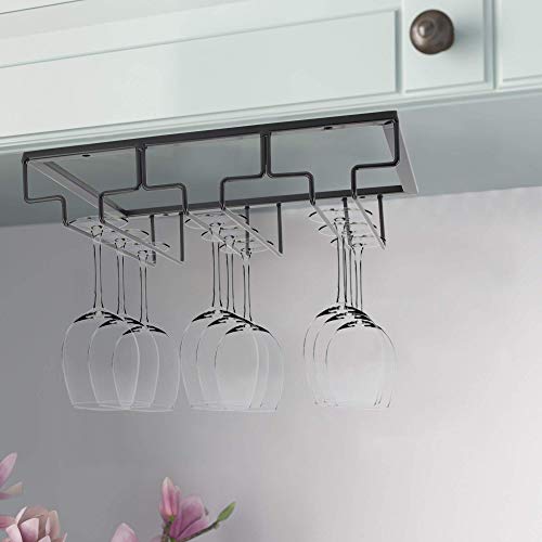 DreamiDeco Wine Glass Rack Under Cabinet Hanging Stemware Rack, Metal Wine Glass Holder Under Shelf for Bar Kitchen(Black, 3 rows 2 Pack)