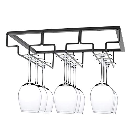 DreamiDeco Wine Glass Rack Under Cabinet Hanging Stemware Rack, Metal Wine Glass Holder Under Shelf for Bar Kitchen(Black, 3 rows 2 Pack)