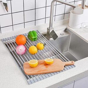 roll up dish drying rack drain board drainers, over the sink dish drying rack for kitchen counter foldable dish drainer sink rack kitchen organization gadgets 17”x13”, warm grey