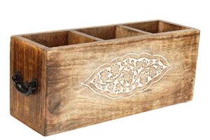 mother’s day gifts hand carved wooden kitchen utensil holder with 3 compartments wood utensil organizer for cutlery, napkins, cups caddy organizer | 12 x 4 x 5 inch