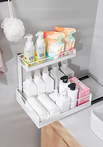 KINGPOUL Under Sink Organizers-2-Tier L-Shape Heavy Duty Metal Smooth Slide Out Pull Out Drawers for Under Cabinet Storage Around Plumbing, Under Kitchen Bathroom Sink Organizers and Storage（White