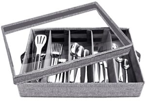 veronly silverware storage box – flatware case chest box, 5 compartment tableware cutlery container with removable pvc lid and easy to carry handles,large capacity utensils(light grey)