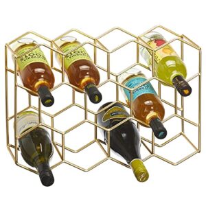 mdesign metal hexagon 3-tier wine rack – minimalist bottle holder for kitchen countertop, pantry, or refrigerator space – wine, beer, pop/soda, water bottles, and juice – holds 11 bottles – soft brass