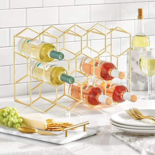 mDesign Metal Hexagon 3-Tier Wine Rack - Minimalist Bottle Holder for Kitchen Countertop, Pantry, or Refrigerator Space - Wine, Beer, Pop/Soda, Water Bottles, and Juice - Holds 11 Bottles - Soft Brass