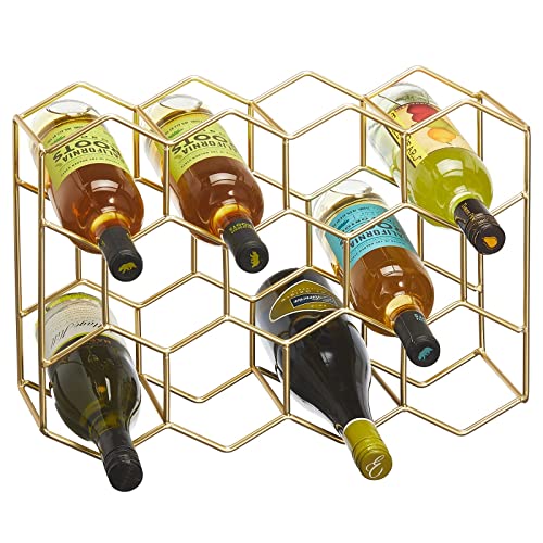 mDesign Metal Hexagon 3-Tier Wine Rack - Minimalist Bottle Holder for Kitchen Countertop, Pantry, or Refrigerator Space - Wine, Beer, Pop/Soda, Water Bottles, and Juice - Holds 11 Bottles - Soft Brass