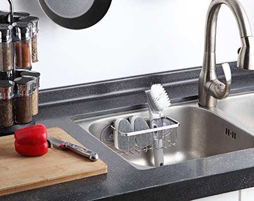 SunnyPoint NeverRust Deluxe Kitchen Sink Suction Holder for Sponges, Scrubbers, Soap, Kitchen, Bathroom, 304 Stainless Steel (Brushed Texture, 7.4 x 3.3 x 2.75 Inch)(Sponge & Brush NOT Included)