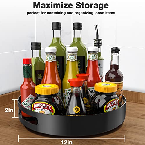 Lazy Susan Turntable Organizer - 12" Ultra Sturdy Metal Condiment Organizers for Table Cabinet Pantry Kitchen Refrigerator, Black, Pack of 3