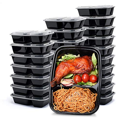 Glotoch 50 Pack 32 oz Meal Prep Container, 2 Compartment Food Containers with Lids To Go Containers, Black Plastic Containers for Lunch-Microwave, Freezer, Dishwasher Safe, Eco-Friendly