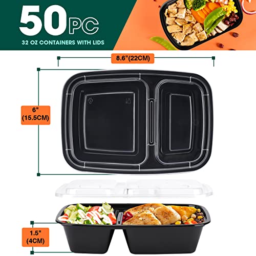 Glotoch 50 Pack 32 oz Meal Prep Container, 2 Compartment Food Containers with Lids To Go Containers, Black Plastic Containers for Lunch-Microwave, Freezer, Dishwasher Safe, Eco-Friendly