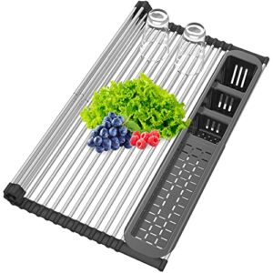 extra large black expandable roll up dish drying rack,over the sink kitchen rolling up dish drainer in sink, for kitchen sink counter，foldable sink cover with removable utensil holder(13.6″-25.1″)
