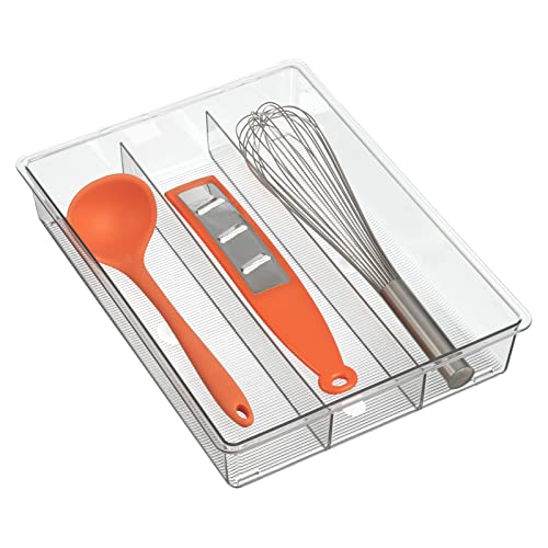 mDesign Plastic 3-Section Compact In-Drawer Utensil Storage Organizer Tray for Kitchen, Pantry; Holder for Silverware, Cutlery, Flatware, Large & Small Utensils, Spoon, Fork - Ligne Collection, Clear