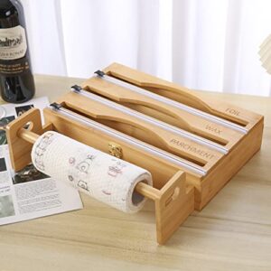 Plastic Wrap Organizer – 4-in-1 Wrap Dispenser with Cutter, Paper Towel Holder for Kitchen Durable Bamboo Foil Dispenser for 12” Plastic Wrap, Aluminum Foil, Wax Paper Kitchen Roll Organizer