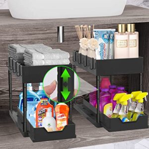 2 Pack Liftable Sliding Cabinet Basket Organizer Drawers, Multi-Purpose Pull Out Under Sink Organizers and Storage for Bathroom, 2-Tier Kitchen Under Bathroom Sink Organizer(Adjustable Height)