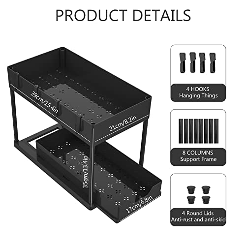 2 Pack Liftable Sliding Cabinet Basket Organizer Drawers, Multi-Purpose Pull Out Under Sink Organizers and Storage for Bathroom, 2-Tier Kitchen Under Bathroom Sink Organizer(Adjustable Height)