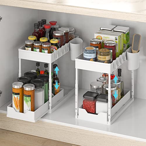 Under Sink Organizers and Storage 2 Pack - LITFP Adjustable Height Under Bathroom Cabinet Organizer 2 Tier, Sliding Kitchen Organization Under Sink Cabinet Basket Storage Shelf with Hooks Hanging Cup