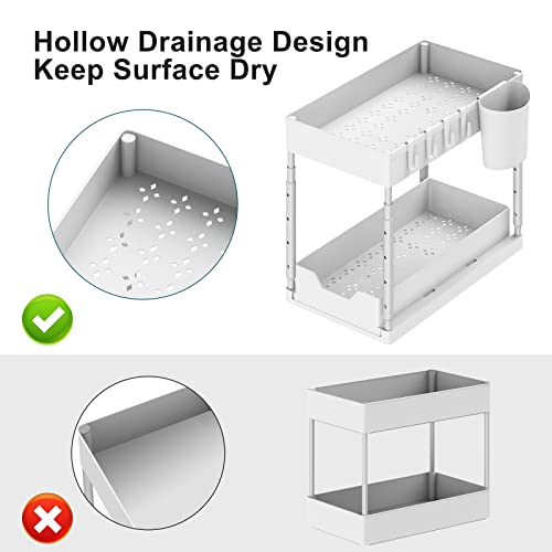 Under Sink Organizers and Storage 2 Pack - LITFP Adjustable Height Under Bathroom Cabinet Organizer 2 Tier, Sliding Kitchen Organization Under Sink Cabinet Basket Storage Shelf with Hooks Hanging Cup