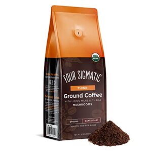 organic mushroom ground coffee by four sigmatic | dark roast, fair trade gourmet coffee with lion’s mane, chaga & mushroom powder | immune boosting coffee for focus & immune support | 12oz bag