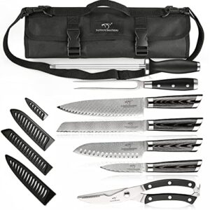 nanfang brothers knife set with bag, 8 pieces damascus steel chef knives with portable knife roll storage bag, blade guards, carving fork, sharpener and kitchen shears for outdoor camping bbq travel