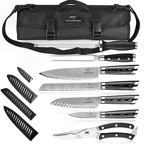 NANFANG BROTHERS Knife Set with Bag, 8 Pieces Damascus Steel Chef Knives with Portable Knife Roll Storage Bag, Blade Guards, Carving Fork, Sharpener and Kitchen Shears for Outdoor Camping BBQ Travel