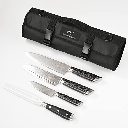 NANFANG BROTHERS Knife Set with Bag, 8 Pieces Damascus Steel Chef Knives with Portable Knife Roll Storage Bag, Blade Guards, Carving Fork, Sharpener and Kitchen Shears for Outdoor Camping BBQ Travel