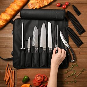 NANFANG BROTHERS Knife Set with Bag, 8 Pieces Damascus Steel Chef Knives with Portable Knife Roll Storage Bag, Blade Guards, Carving Fork, Sharpener and Kitchen Shears for Outdoor Camping BBQ Travel