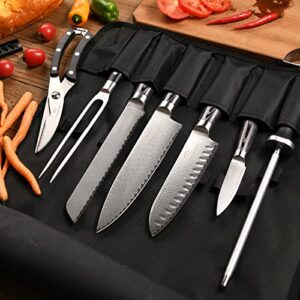 NANFANG BROTHERS Knife Set with Bag, 8 Pieces Damascus Steel Chef Knives with Portable Knife Roll Storage Bag, Blade Guards, Carving Fork, Sharpener and Kitchen Shears for Outdoor Camping BBQ Travel