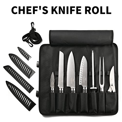 NANFANG BROTHERS Knife Set with Bag, 8 Pieces Damascus Steel Chef Knives with Portable Knife Roll Storage Bag, Blade Guards, Carving Fork, Sharpener and Kitchen Shears for Outdoor Camping BBQ Travel