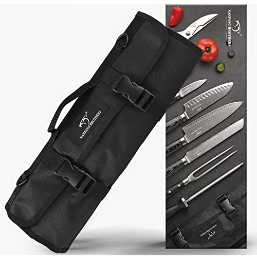 NANFANG BROTHERS Knife Set with Bag, 8 Pieces Damascus Steel Chef Knives with Portable Knife Roll Storage Bag, Blade Guards, Carving Fork, Sharpener and Kitchen Shears for Outdoor Camping BBQ Travel