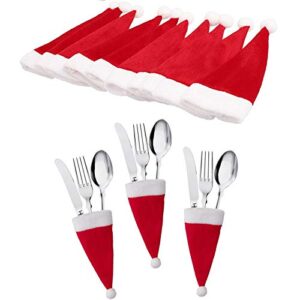 Christmas Santa Hats Silverware Holders - Xmas Party Dinner Table Dinnerware Decorations Supplies,for Candy, Red Wine Bottle, Lollipop, Knife Fork, 10PCS Mini Santa Hats