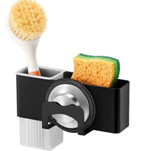 sink caddy sponge holder, sponge caddy and dish brush holder, 3-in-1 sink organizer, come with sink stopper holder, adhesive installation, for kitchen, bathroom, matte black stainless steel