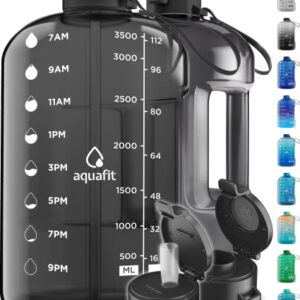 AQUAFIT 1 Gallon Water Bottle With Times To Drink - 128 oz Water Bottle With Straw - Motivational Water Bottle - Large Water Bottle - Sports Water Bottle With Time Marker - Gym Water Jug 1 Gallon