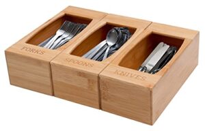 kovot bamboo utensils organizer – bamboo wood flatware caddy – cutlery holder with 3 separate compartments – forks, spoons, knives – bamboo organizing box for kitchen counter, drawers, table