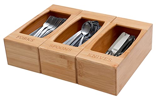 KOVOT Bamboo Utensils Organizer – Bamboo Wood Flatware Caddy – Cutlery Holder with 3 Separate Compartments – Forks, Spoons, Knives – Bamboo Organizing Box for Kitchen Counter, Drawers, Table