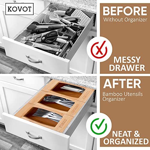 KOVOT Bamboo Utensils Organizer – Bamboo Wood Flatware Caddy – Cutlery Holder with 3 Separate Compartments – Forks, Spoons, Knives – Bamboo Organizing Box for Kitchen Counter, Drawers, Table