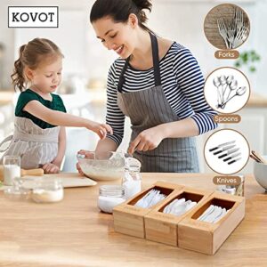 KOVOT Bamboo Utensils Organizer – Bamboo Wood Flatware Caddy – Cutlery Holder with 3 Separate Compartments – Forks, Spoons, Knives – Bamboo Organizing Box for Kitchen Counter, Drawers, Table