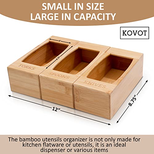 KOVOT Bamboo Utensils Organizer – Bamboo Wood Flatware Caddy – Cutlery Holder with 3 Separate Compartments – Forks, Spoons, Knives – Bamboo Organizing Box for Kitchen Counter, Drawers, Table