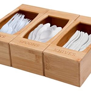 KOVOT Bamboo Utensils Organizer – Bamboo Wood Flatware Caddy – Cutlery Holder with 3 Separate Compartments – Forks, Spoons, Knives – Bamboo Organizing Box for Kitchen Counter, Drawers, Table