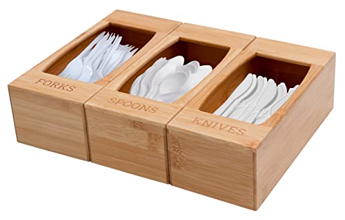 KOVOT Bamboo Utensils Organizer – Bamboo Wood Flatware Caddy – Cutlery Holder with 3 Separate Compartments – Forks, Spoons, Knives – Bamboo Organizing Box for Kitchen Counter, Drawers, Table