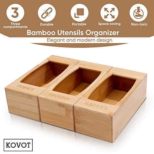 KOVOT Bamboo Utensils Organizer – Bamboo Wood Flatware Caddy – Cutlery Holder with 3 Separate Compartments – Forks, Spoons, Knives – Bamboo Organizing Box for Kitchen Counter, Drawers, Table