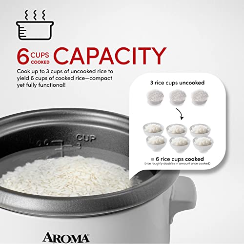 Aroma Housewares Aroma 6-cup (cooked) 1.5 Qt. One Touch Rice Cooker, White (ARC-363NG), 6 cup cooked/ 3 cup uncook/ 1.5 Qt.