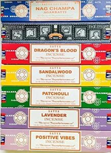 satya incense gift set nag champa, super hit, dragon’s blood, sandalwood, patchouli, lavender, positive vibes, 15 g