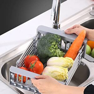 GULICA Dish Drying Rack, Adjustable Stainless Steel Drainer Basket Drain Tray for Dish Vegetable Fruit, On Counter Dish Rack or in Sink Over Sink Kitchen Basket Dish Drying Rack Grey