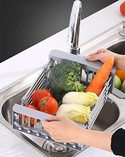 GULICA Dish Drying Rack, Adjustable Stainless Steel Drainer Basket Drain Tray for Dish Vegetable Fruit, On Counter Dish Rack or in Sink Over Sink Kitchen Basket Dish Drying Rack Grey