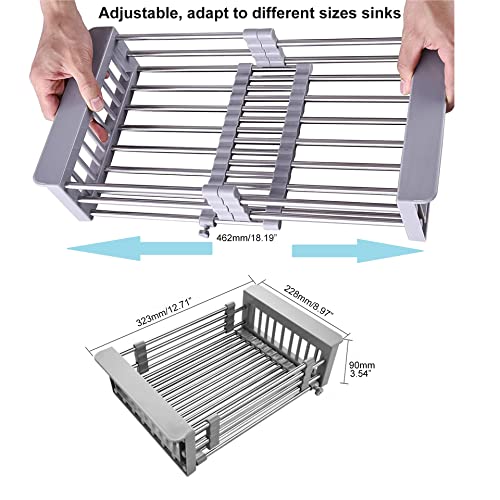 GULICA Dish Drying Rack, Adjustable Stainless Steel Drainer Basket Drain Tray for Dish Vegetable Fruit, On Counter Dish Rack or in Sink Over Sink Kitchen Basket Dish Drying Rack Grey