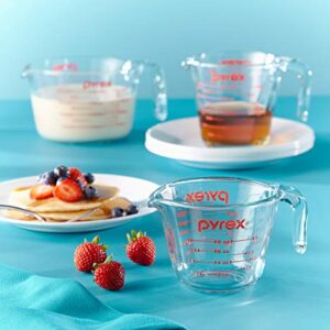 Pyrex 3 Piece Glass Measuring Cup Set, Includes 1-Cup, 2-Cup, and 4-Cup Tempered Glass Liquid Measuring Cups, Dishwasher, Freezer, Microwave, and Preheated Oven Safe, Essential Kitchen Tools