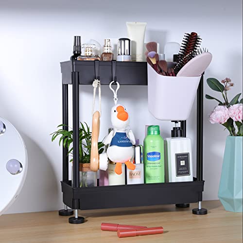 SUNTECH 2 Pack Under Sink Organizer, 2 Tier Under Bathroom Storage Rack with 4 Hooks and 2 Hanging Cup, Multi-purpose Under Sink Shelf Organizer for Bathroom Kitchen Countertop and Cabinet