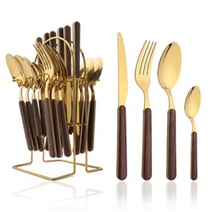 silverware set with holder – uniturcky hanging flatware set with stand – 24pcs cutlery set with faux wooden handle – stainless steel utensils set for home restaurant party (gold, service for 6)