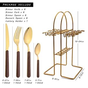 Silverware Set with Holder - Uniturcky Hanging Flatware Set with Stand - 24PCS Cutlery Set with Faux Wooden Handle - Stainless Steel Utensils Set for Home Restaurant Party (Gold, Service for 6)