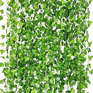 cqure 12 pack 84ft artificial ivy garland, fake vines uv resistant greenery leaves fake plants hanging aesthetic vines for home bedroom party garden wall room decor