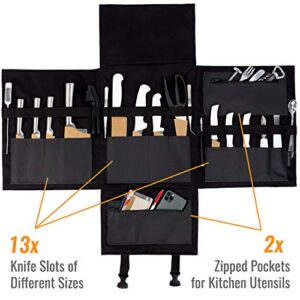 Under NY Sky Knife Bag - Black Real Leather - 13 Knife Slots, 2 Zipped Pockets for Kitchen Utensils, Large Pocket for Tablets & Notebooks - Expandable - Tool Storage Bag Style for Chefs, Cooks, BBQ